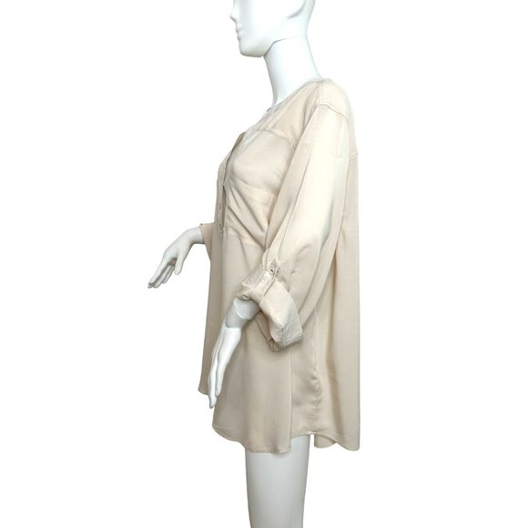 Philosophy Woman Tunic Top Beige 2X Roll Tab Long Sleeve Band Collar Pockets - Picture 4 of 10